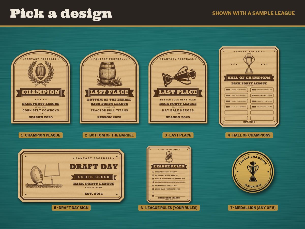 The seven Custom Fantasy Trophy designs shown with a sample league: Champion, Bottom of the Barrel and Last Place plaques, Hall of Champions board, Draft Day sign, League Rules sign and a medallion