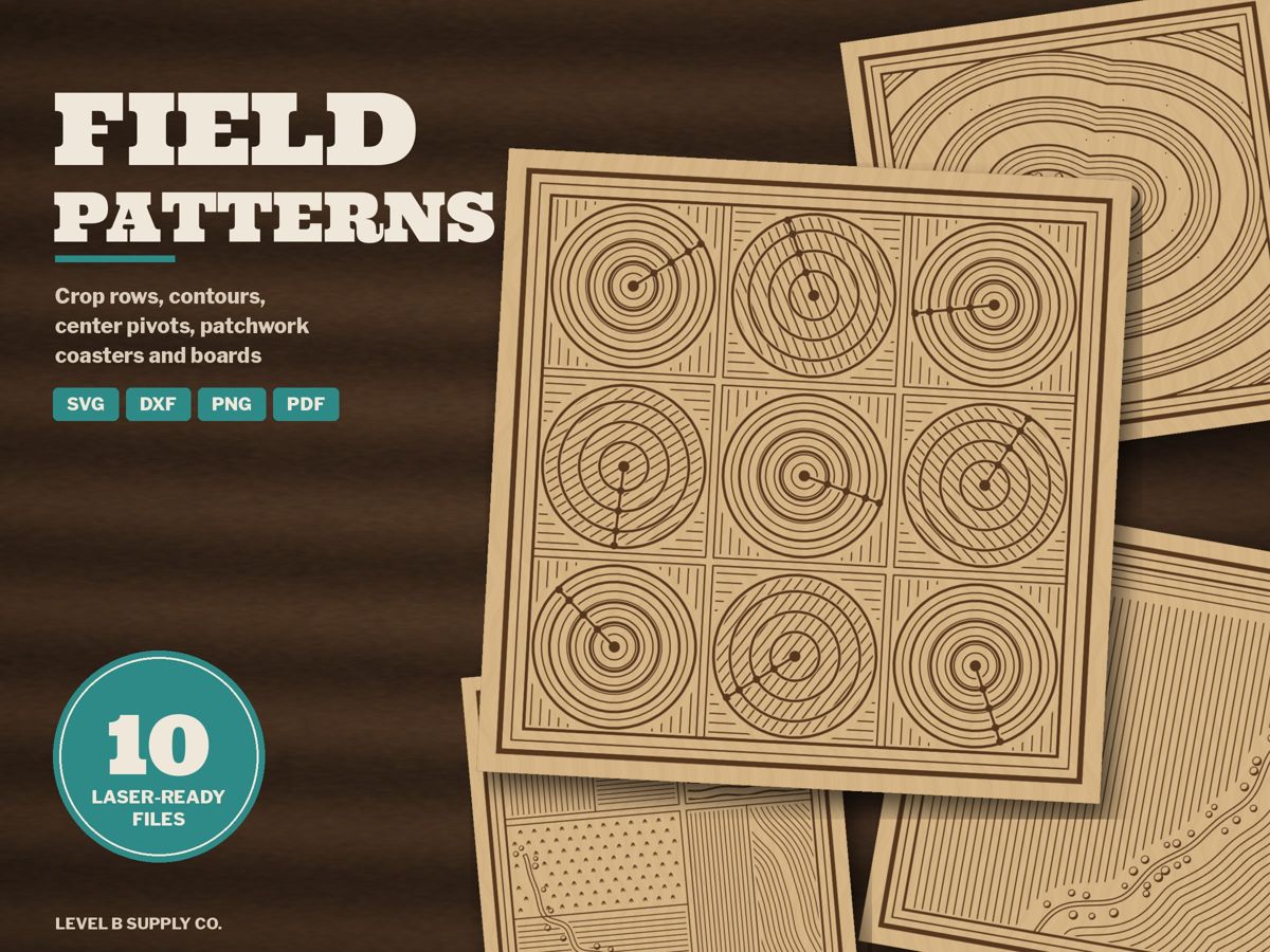 Field Patterns laser files: center pivot, contour and crop row patterns engraved on wood